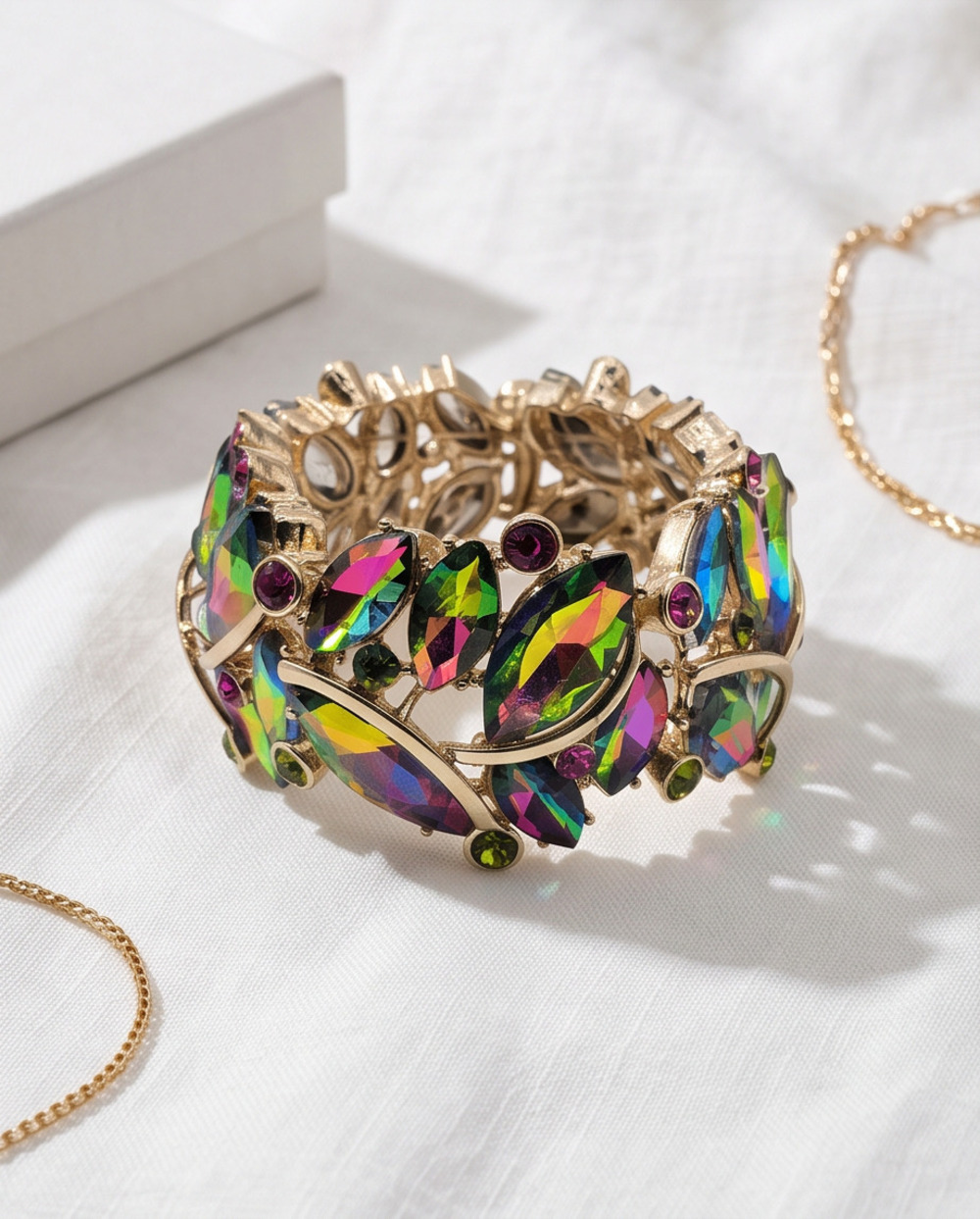 Multicolor Aurora Borealis Rhinestone Stretch Bracelet Gold Tone - Picture 3 of 10